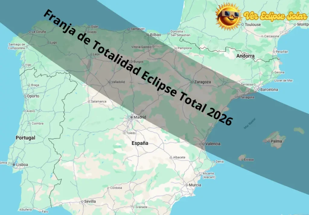 mapa eclipse solar total España 2026 franja de totalidad