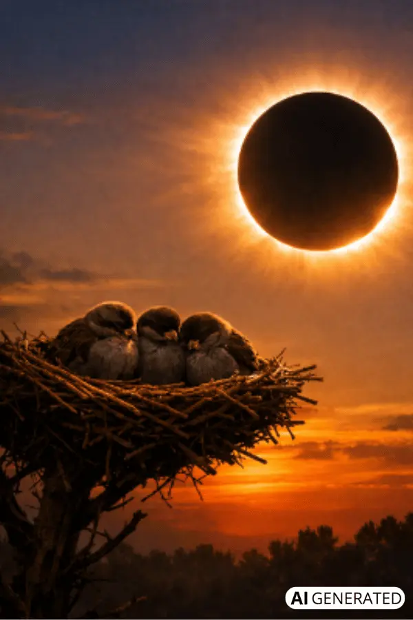 Aves alterando su comportamiento durante un eclipse solar total (imagen generada con IA)