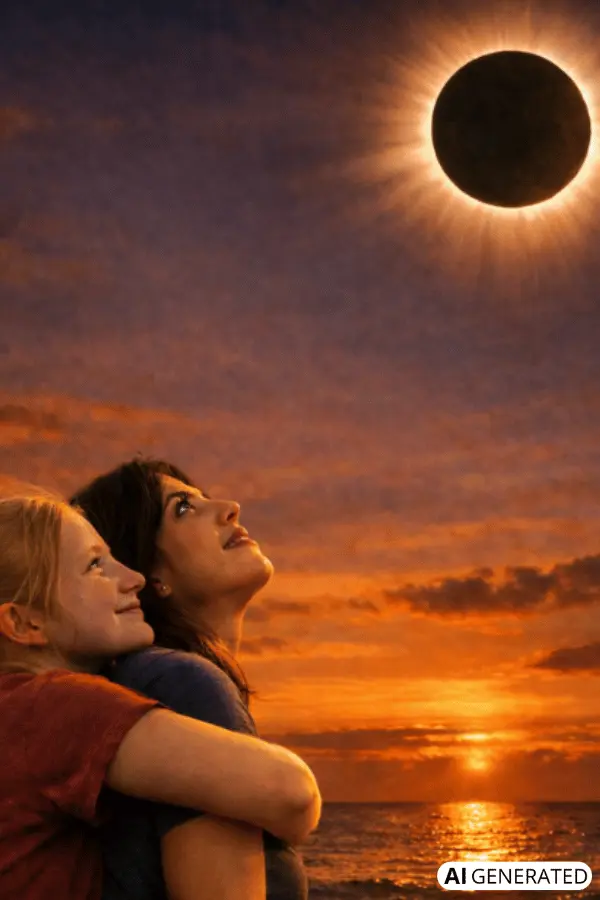 Personas emocionadas con lágrimas durante un eclipse solar total (imagen generada con IA)