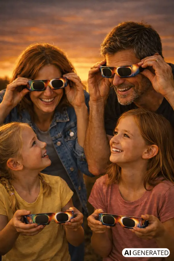 Niñas emocionadas preparándose para ver un eclipse solar total con gafas de eclipse (imagen generada con IA)